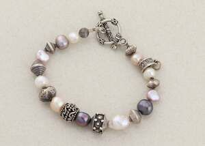 Sterling Silver Pink, White, Grey Pearl Bali Bracelet Add Charm 7 1/2" inch